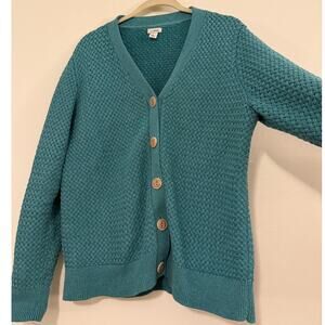 L.L.Bean Teal Basketweave 100% Cotton Cardigan Sweater, Size L